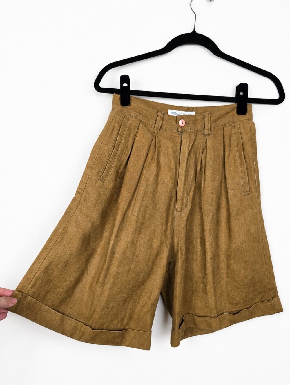 Vintage 90s David Hollis Linen Blend Pleated Bermuda Shorts Tan Size 6 Old Money
